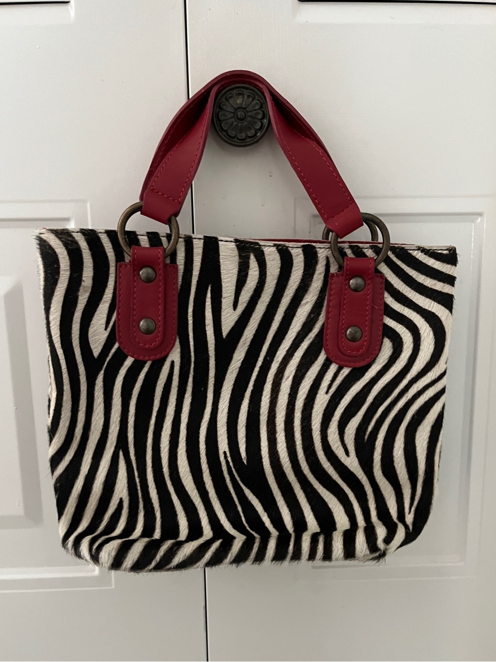 Maurizio Taiuti Italy Zebra Haircalf Leather Handbag Red Small Tote